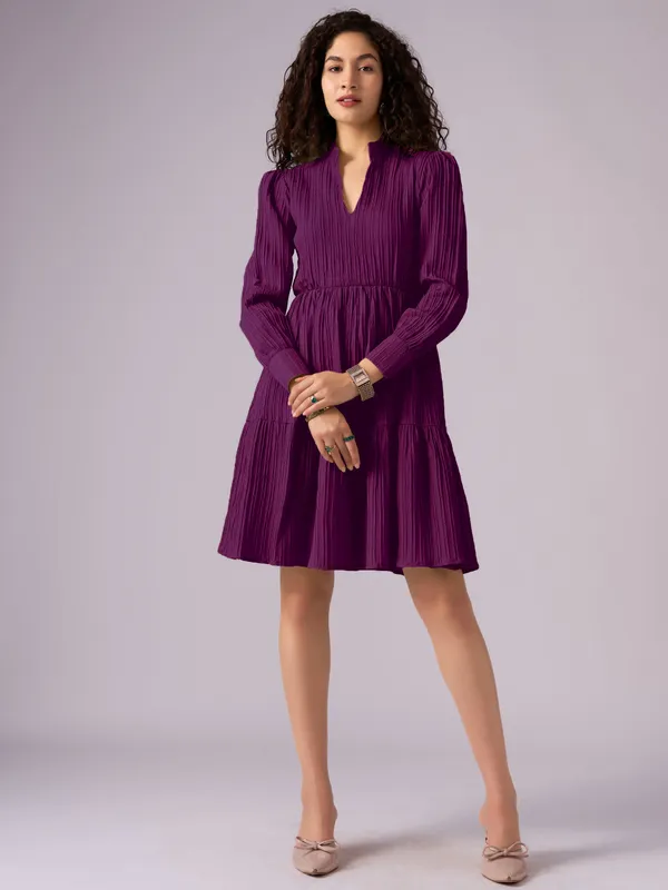Wine_Puff_Sleeve_Crepe_Fit_And_Flare_Mini_Dress_For_Women