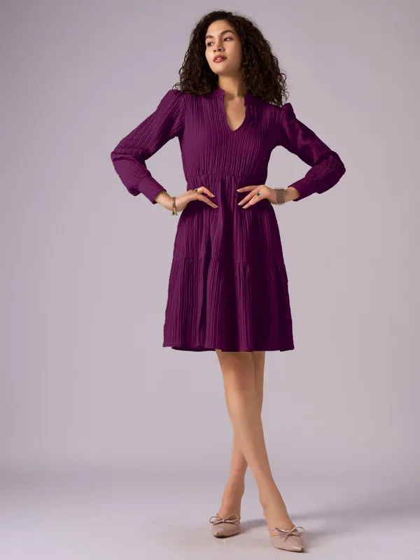 Wine_Puff_Sleeve_Crepe_Fit_And_Flare_Mini_Dress_For_Women