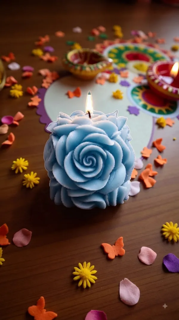 Blue_Wax_Floral_Rose_Shaped_Candle