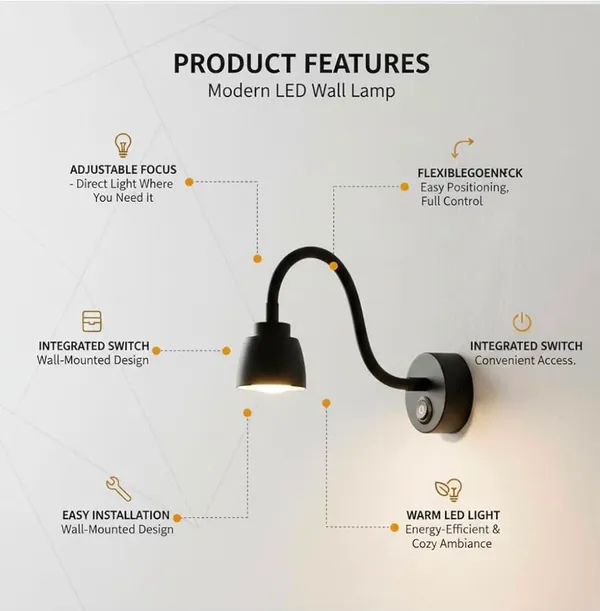 LEGEEN_5_Watt_LED_Wall_Reading_Light_with_Flexible_Gooseneck_&_ON/Off_Switch,_Bedside_Wall_Lamp_for_Bedroom,_Study_Room,_Hotel,_Warm_White,_Black