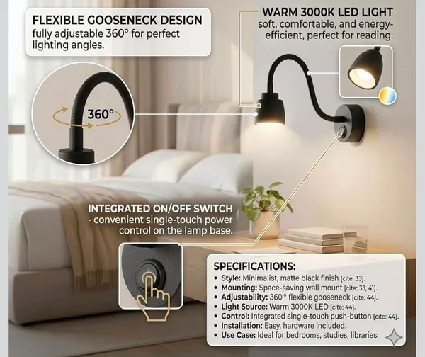 LEGEEN_5_Watt_LED_Wall_Reading_Light_with_Flexible_Gooseneck_&_ON/Off_Switch,_Bedside_Wall_Lamp_for_Bedroom,_Study_Room,_Hotel,_Warm_White,_Black