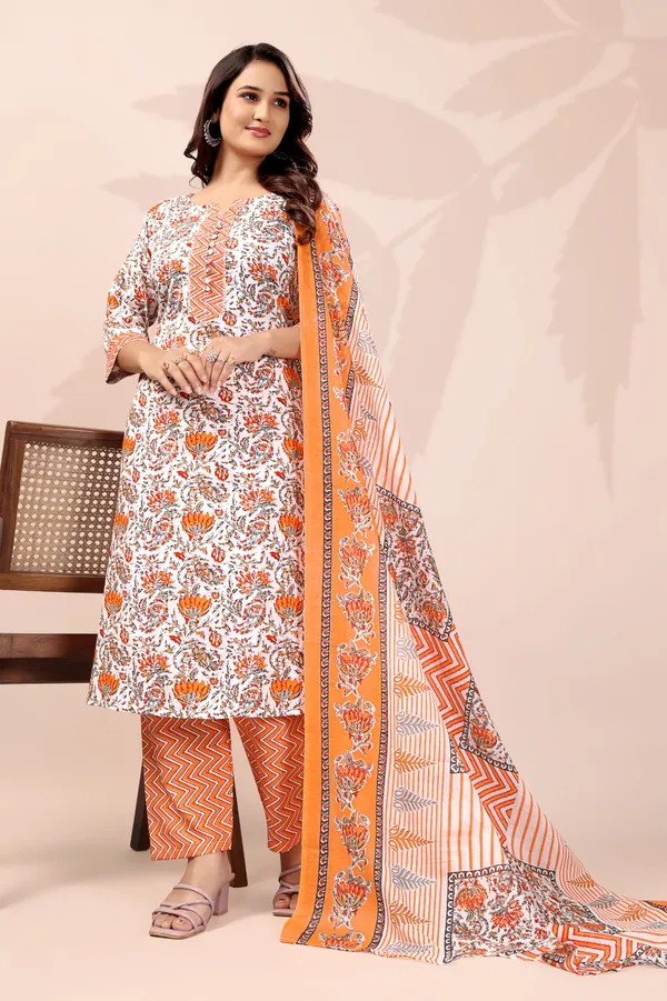 Orange_Cotton_Printed_Kurta_Pant_Set_With_Soft_Silk_Dupatta_For_Women