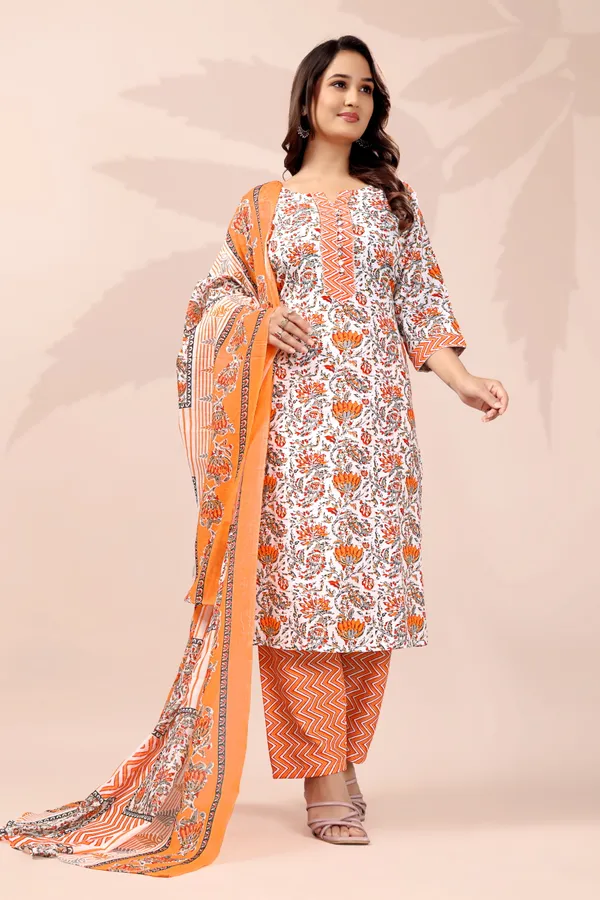Orange_Cotton_Printed_Kurta_Pant_Set_With_Soft_Silk_Dupatta_For_Women