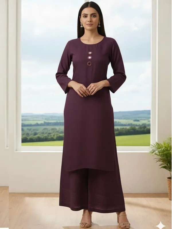 Wine_Cotton_Mirror_Work_Kurta_Pant_Set_For_Women
