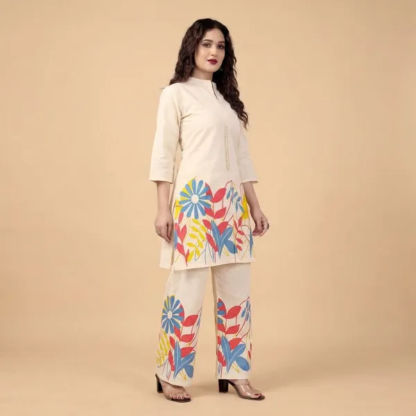 Cream_Cotton_Printed_Co-Ord_Set_With_Pants_For_Women