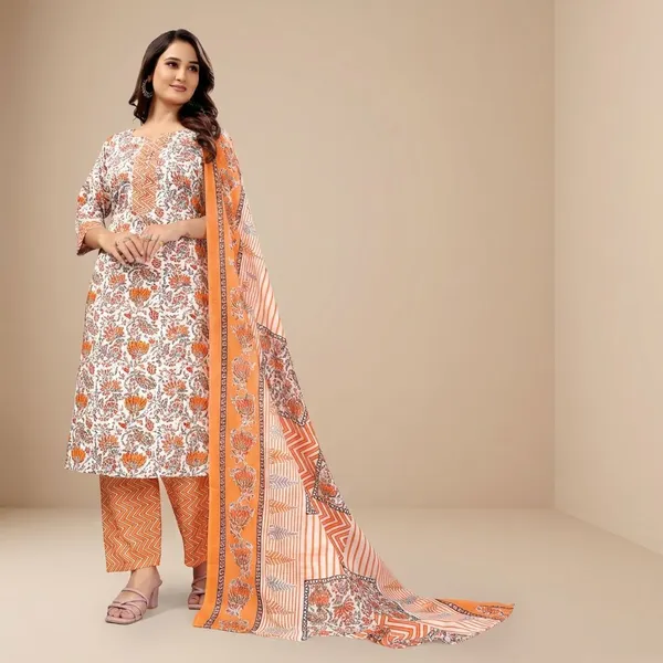 Orange_Cotton_Printed_Kurta_Pant_Set_With_Soft_Silk_Dupatta_For_Women