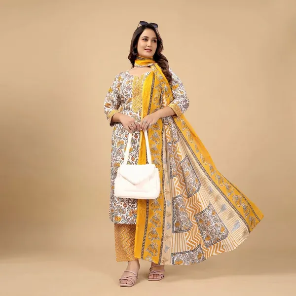 Yellow_Cotton_Printed_Kurta_Pant_Set_With_Dupatta_For_Women