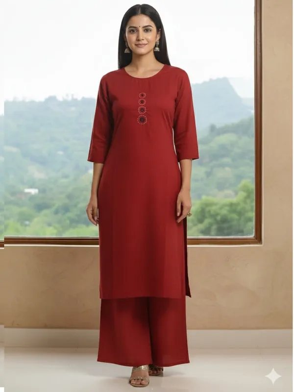 Maroon_Cotton_Mirror_Work_Kurta_Pant_Set_For_Women