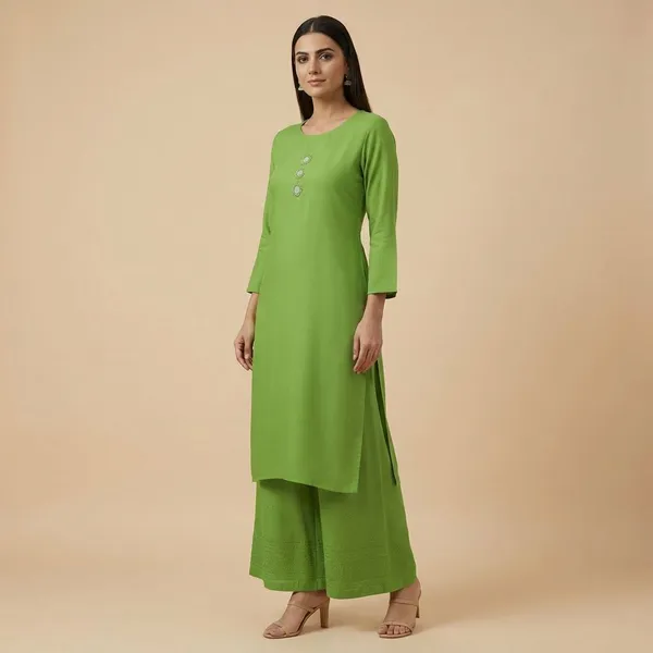 Green_Cotton_Mirror_Work_Kurta_Pant_Set_For_Women