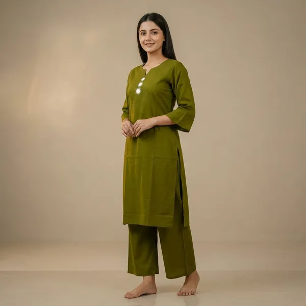Mehndi_Cotton_Mirror_Work_Kurta_Pant_Set_For_Women