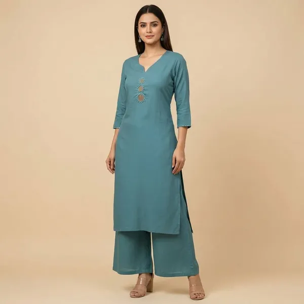 Sky_Cotton_Mirror_Work_Kurta_Pant_Set_For_Women