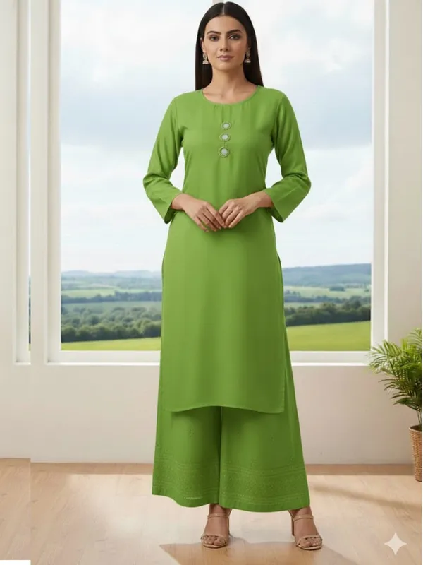 Green_Cotton_Mirror_Work_Kurta_Pant_Set_For_Women