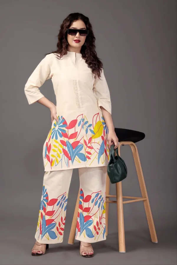 Cream_Cotton_Printed_Co-Ord_Set_With_Pants_For_Women