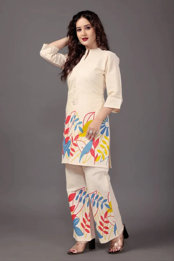 Cream_Cotton_Printed_Co-Ord_Set_With_Pants_For_Women