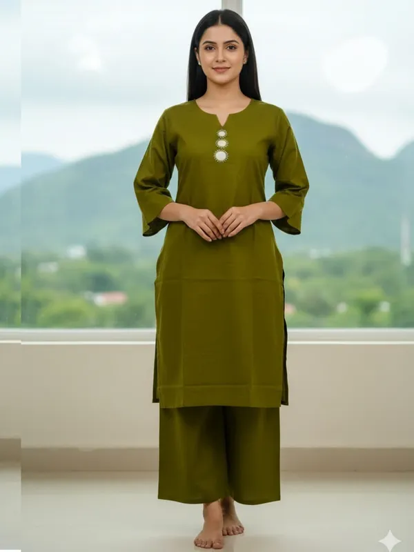 Mehndi_Cotton_Mirror_Work_Kurta_Pant_Set_For_Women