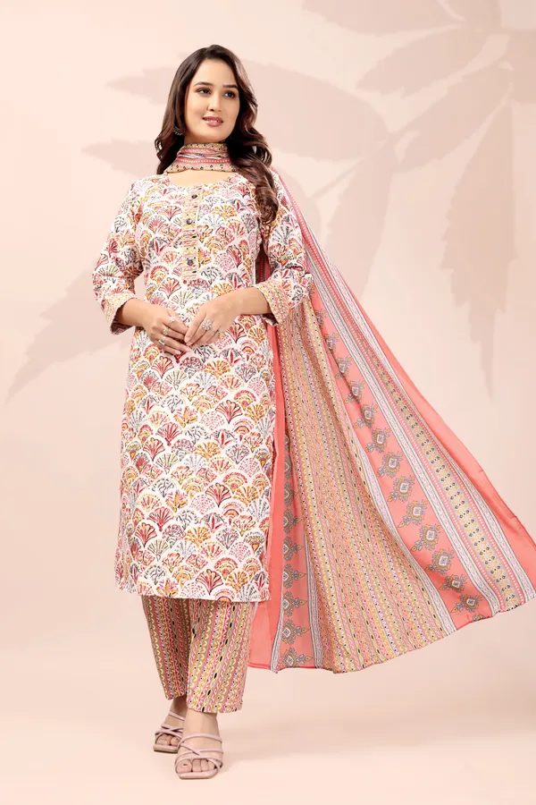 Orange_Cotton_Printed_Kurta_Pant_Set_With_Dupatta_For_Women