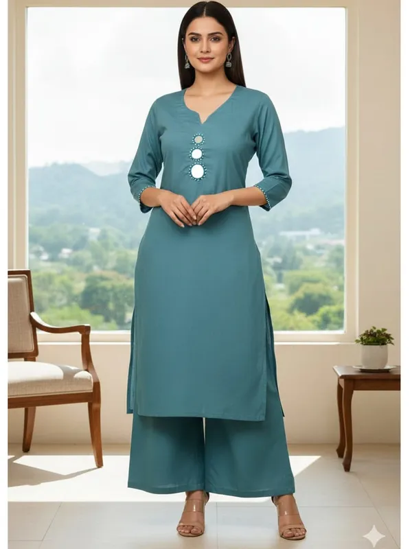 Sky_Cotton_Mirror_Work_Kurta_Pant_Set_For_Women