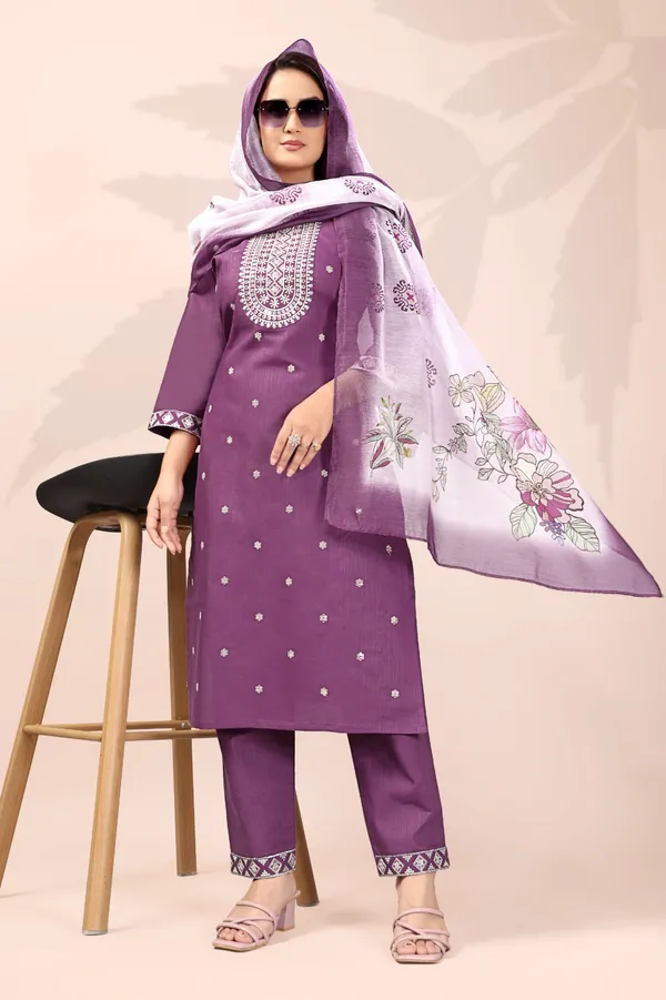 Wine_Rayon_Embroidered_Kurta_Set_With_Digital_Dupatta
