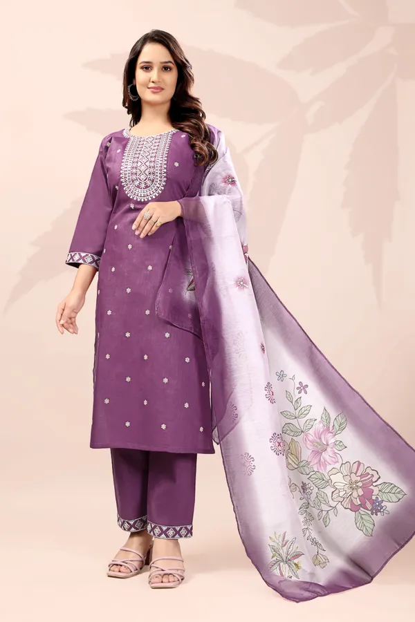 Wine_Rayon_Embroidered_Kurta_Set_With_Digital_Dupatta