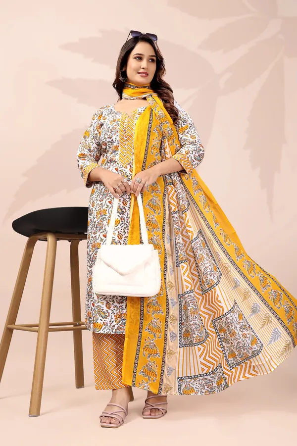 Yellow_Cotton_Printed_Kurta_Pant_Set_With_Dupatta_For_Women