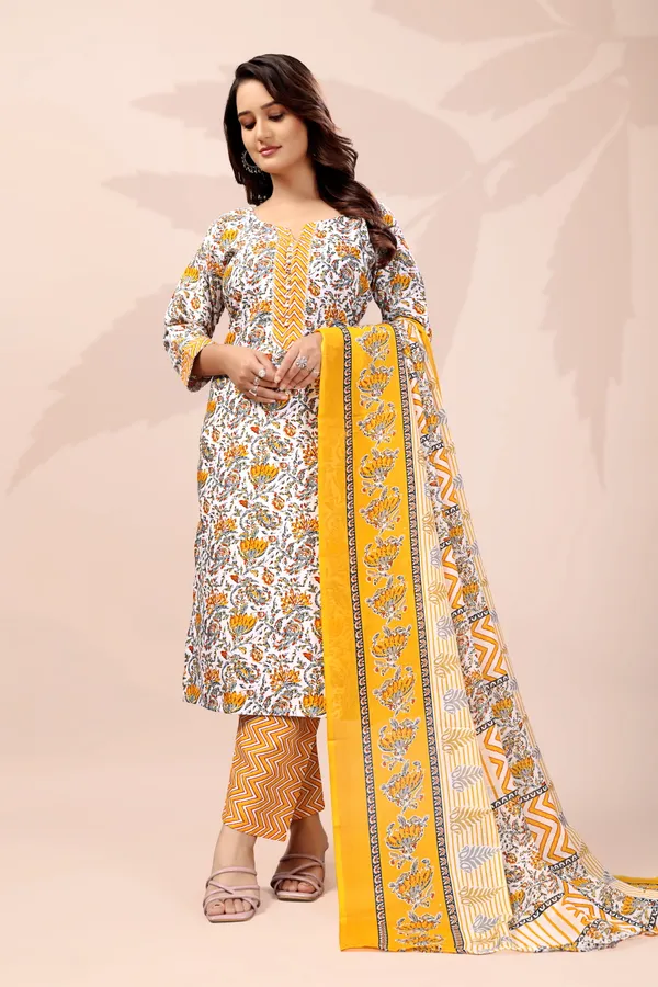 Yellow_Cotton_Printed_Kurta_Pant_Set_With_Dupatta_For_Women