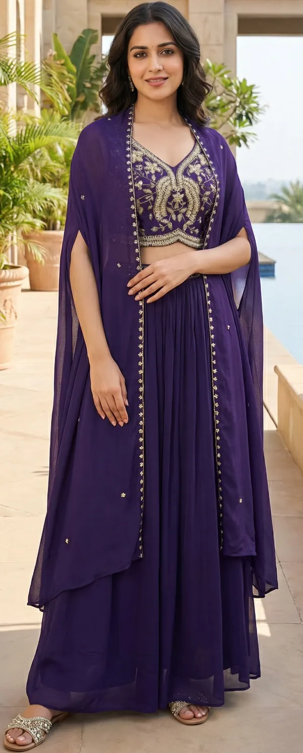 Purple_Solid_Chinon_Indo_Western_For_Women