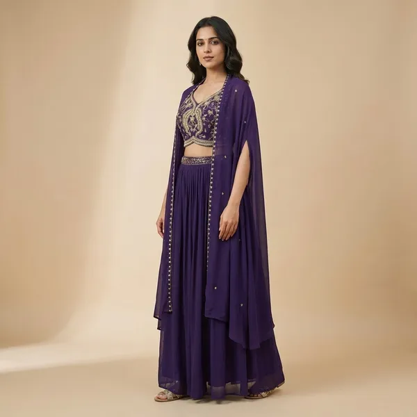 Purple_Solid_Chinon_Indo_Western_For_Women