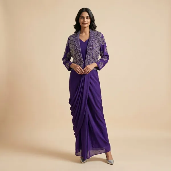 Purple_Solid_Chinon_Indo_Western_For_Women