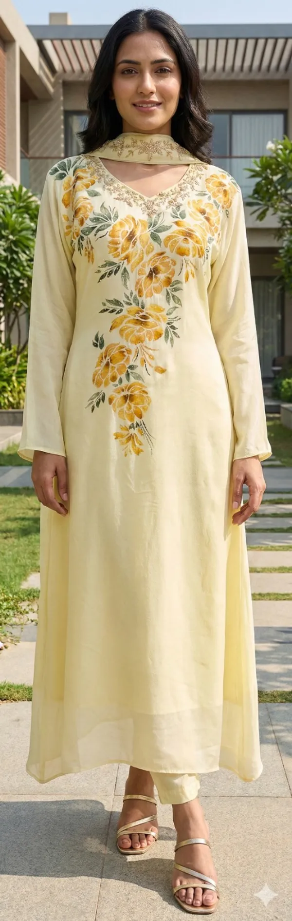 Cream_Hand_Print_Chinon_A_Line_Suit_Set_For_Women