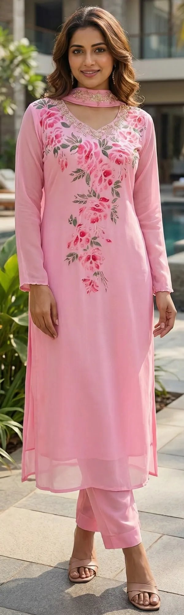 Deep_Pink_Hand_Print_Chinon_A_Line_Suit_Set_For_Women