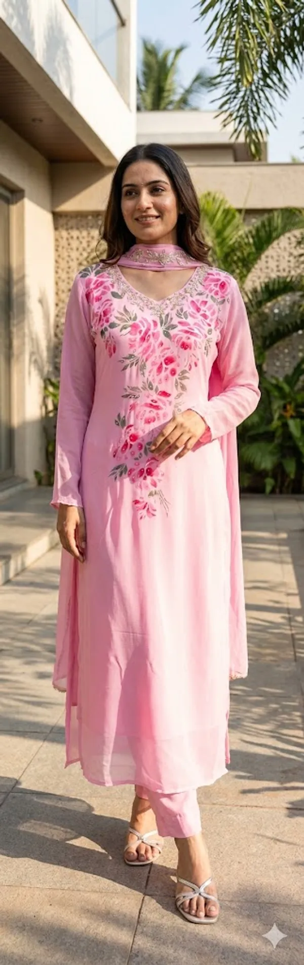 Pink_Hand_Print_Chinon_A_Line_Suit_Set_For_Women