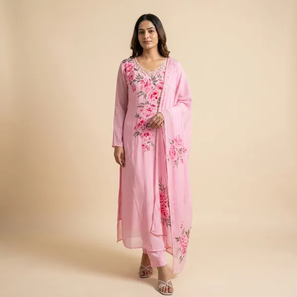 Pink_Hand_Print_Chinon_A_Line_Suit_Set_For_Women