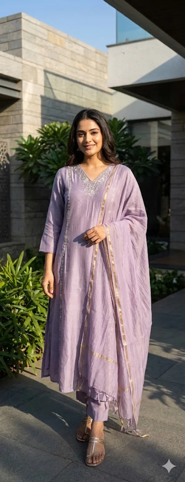 Lavender_Solid_Roman_Silk_A_Line_Suit_Set_For_Women
