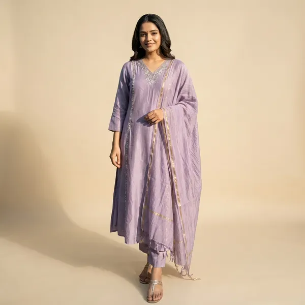 Lavender_Solid_Roman_Silk_A_Line_Suit_Set_For_Women