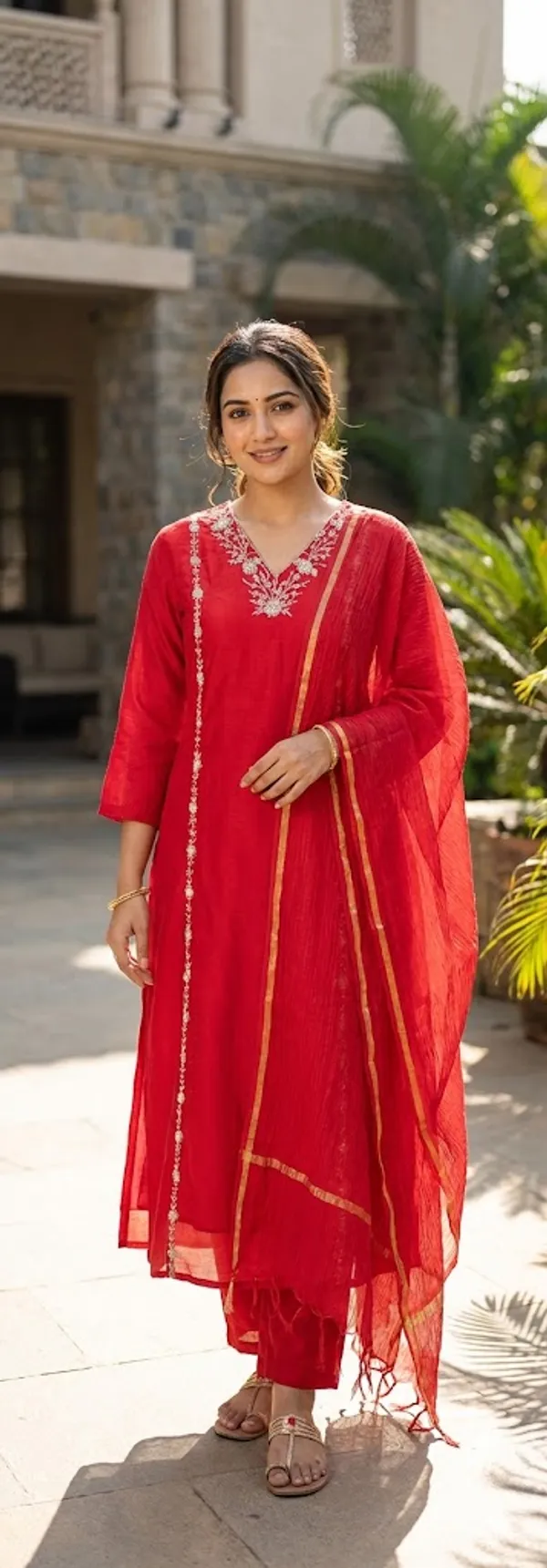 Red_Solid_Roman_Silk_A_Line_Suit_Set_For_Women