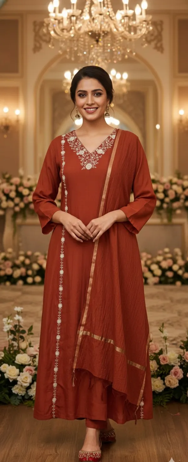 Rust_Solid_Roman_Silk_A_Line_Suit_Set_For_Women