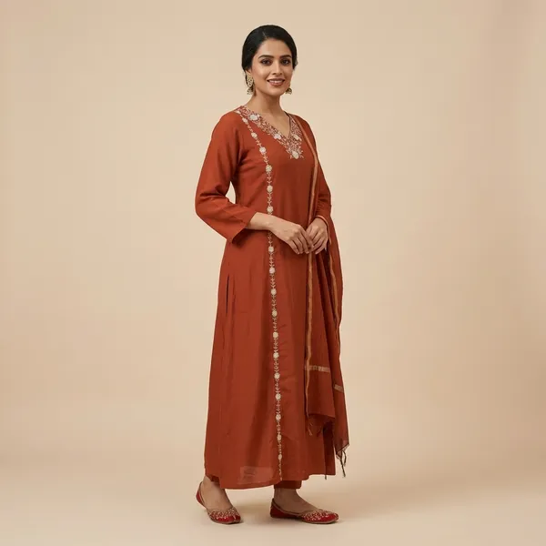 Rust_Solid_Roman_Silk_A_Line_Suit_Set_For_Women