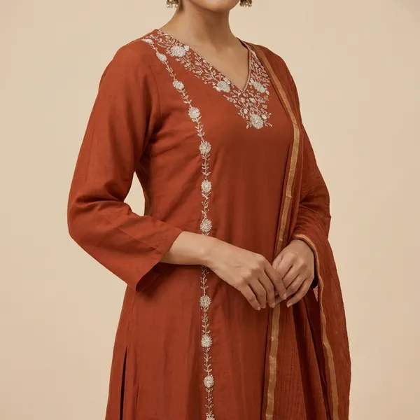 Rust_Solid_Roman_Silk_A_Line_Suit_Set_For_Women
