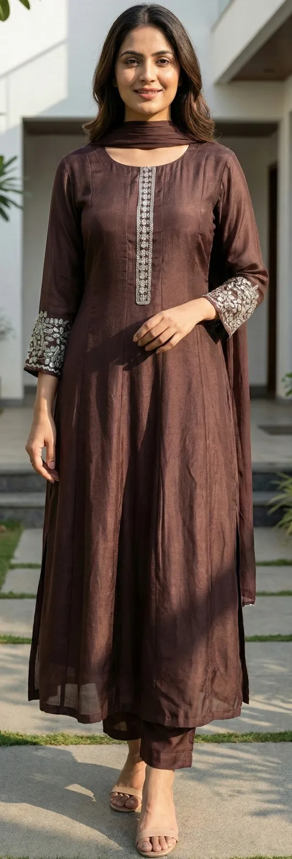 Coffee_Solid_Chinon_Anarkali_For_Women