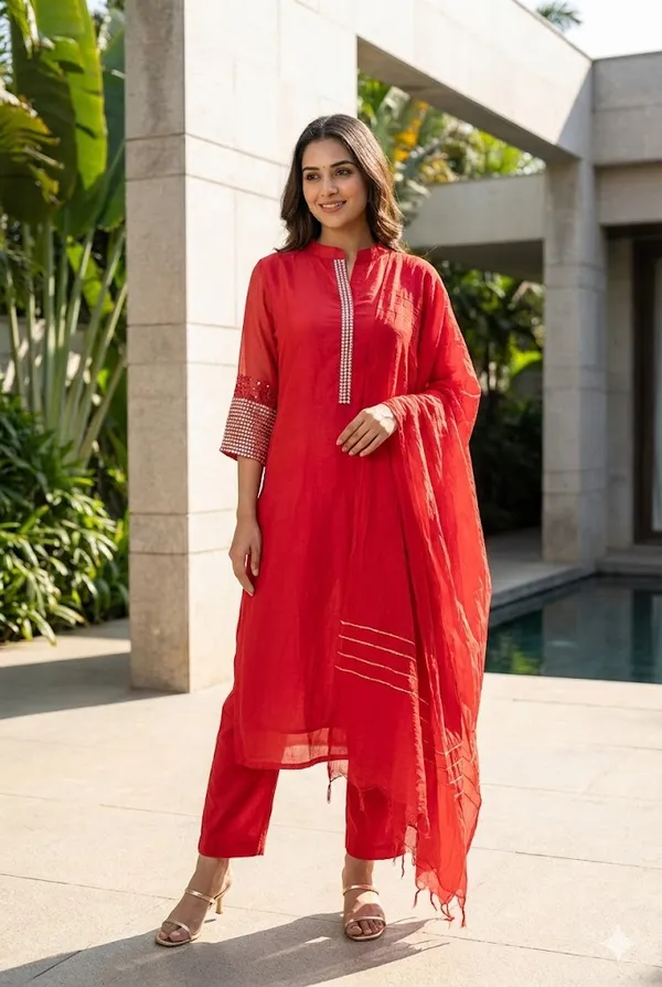 Red_Solid_Mul_Chanderi_3_Pc_Set_For_Women