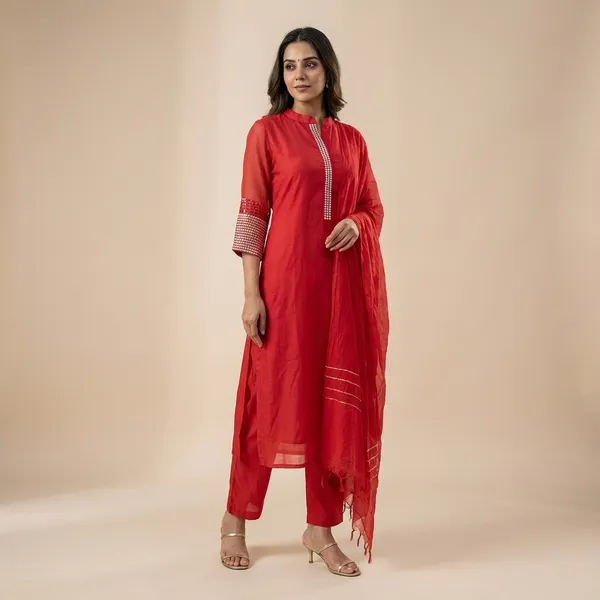 Red_Solid_Mul_Chanderi_3_Pc_Set_For_Women