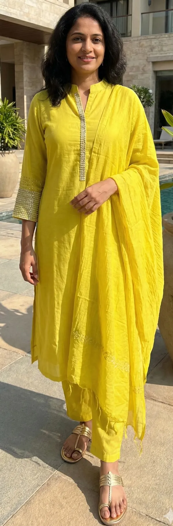 Yellow_Solid_Mul_Chanderi_3_Pc_Set_For_Women
