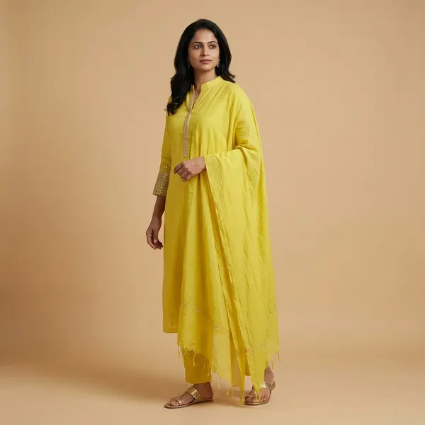 Yellow_Solid_Mul_Chanderi_3_Pc_Set_For_Women