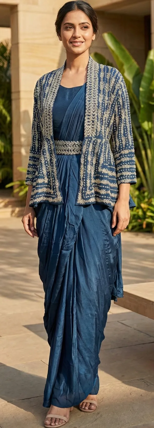 Teal_Blue_Solid_Chinon_Indo_Western_For_Women