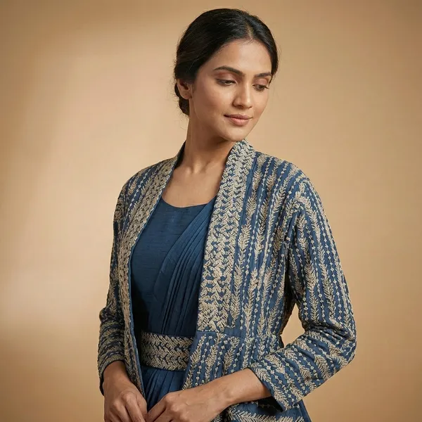 Teal_Blue_Solid_Chinon_Indo_Western_For_Women