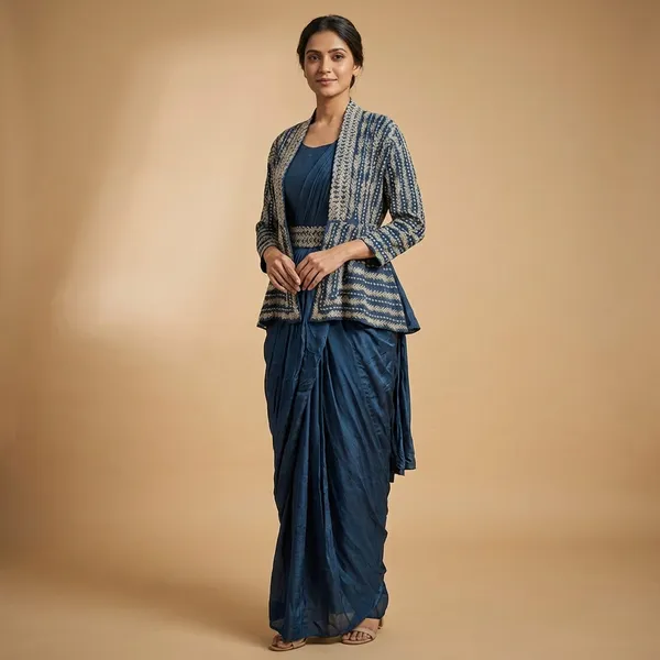 Teal_Blue_Solid_Chinon_Indo_Western_For_Women