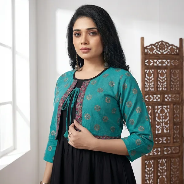 Black_Firozi_Cotton_Sleeveless_Dress_With_Short_Jacket_For_Women