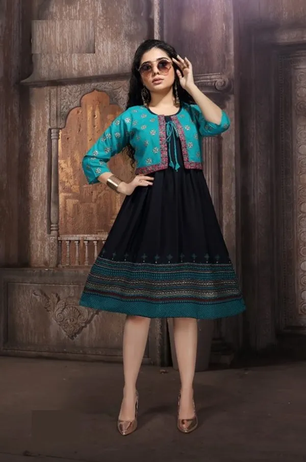 Black_Firozi_Cotton_Sleeveless_Dress_With_Short_Jacket_For_Women