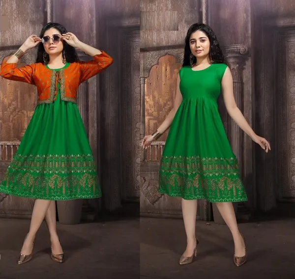 Green_Orange_Cotton_Sleeveless_Dress_With_Short_Jacket_For_Women