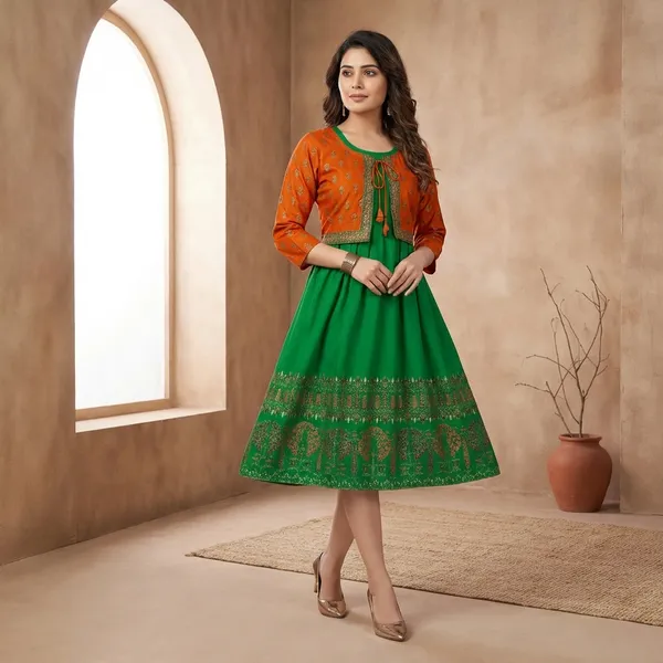 Green_Orange_Cotton_Sleeveless_Dress_With_Short_Jacket_For_Women